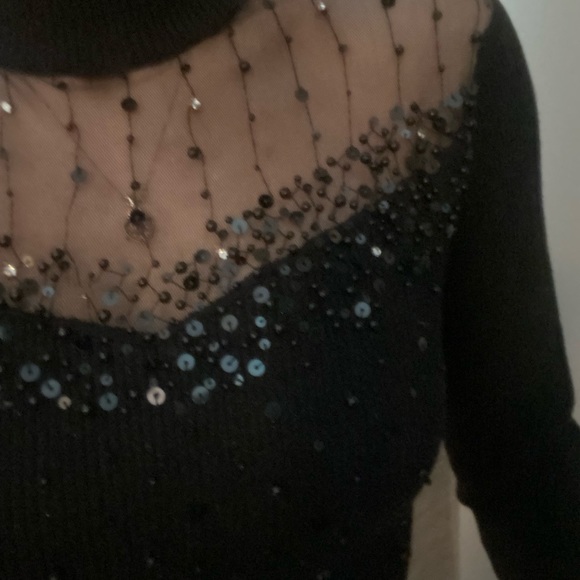 Black sparkly mock neck sweater with sheer beaded panel - Picture 3 of 9
